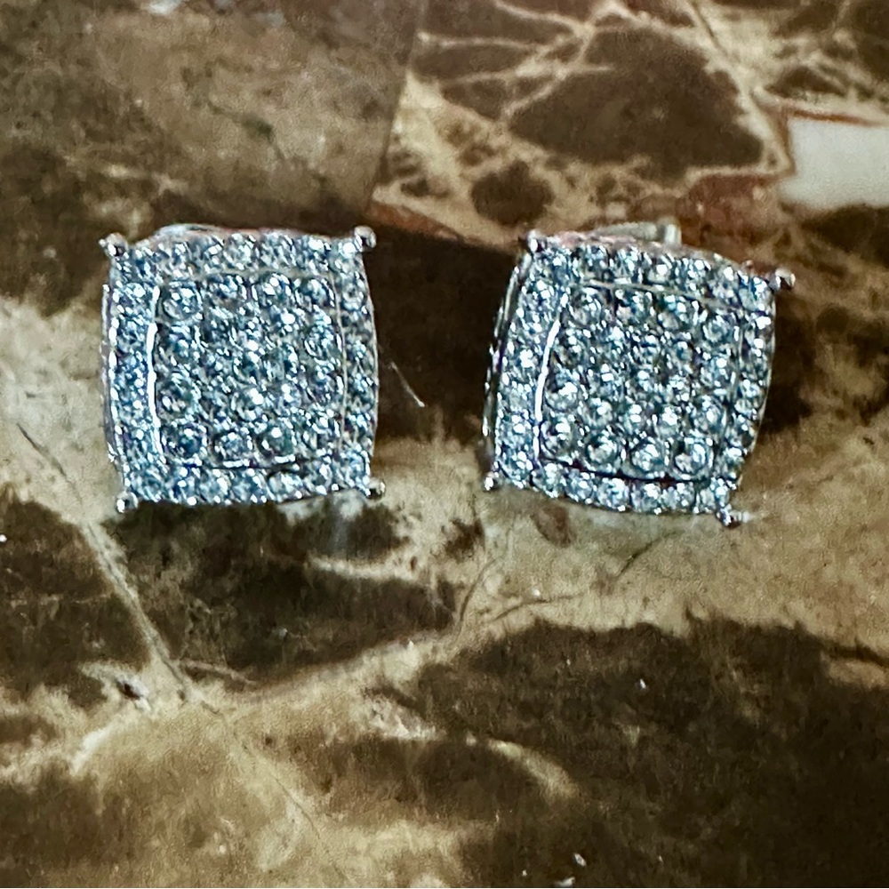 Elegant Square Silver Stud Cubic Zirconia Earrings NWOT